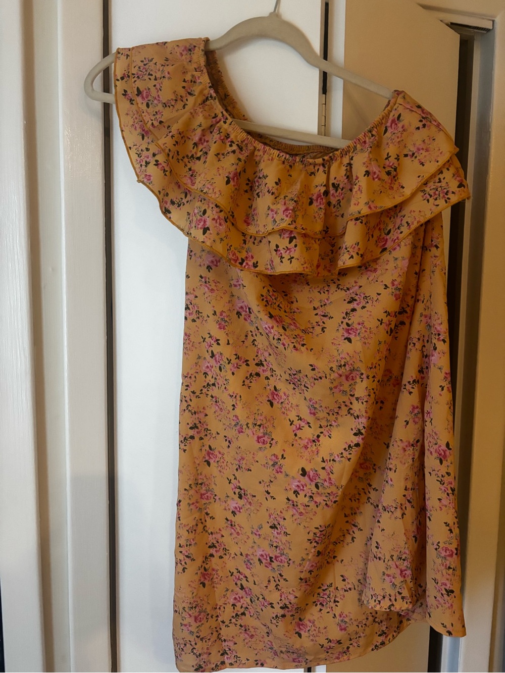 SHEIN Mustard Floral One-Shoulder Ruffle Dress